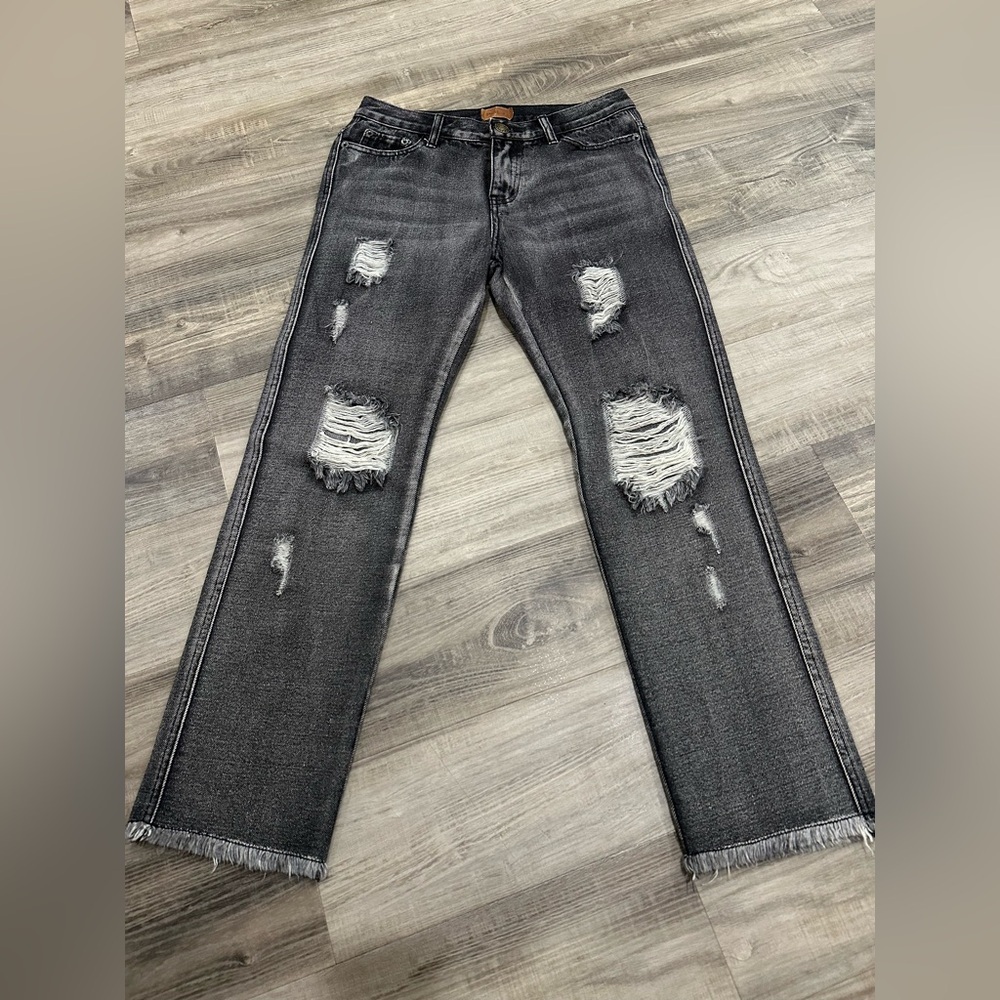POL Distressed Straight-Leg Jeans – Black Wash, Small